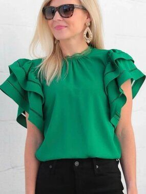 Strut and Bolt Double Layer Ruffle Sleeve Green Top ** Size L